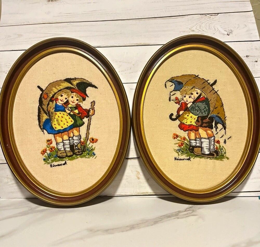 Vintage Hummel Set of 2 Framed Crewel Wall Art Children Under Umbrella 13”x9.5”